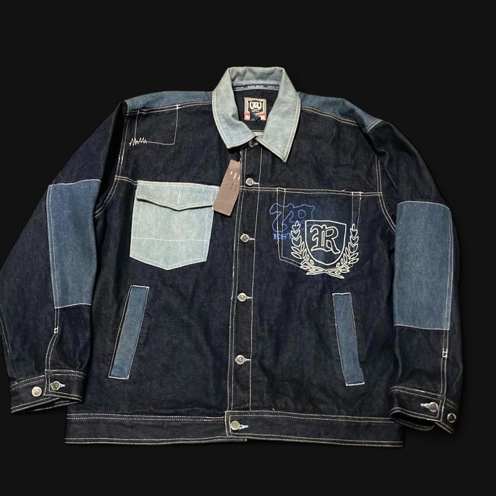 DEADSTOCK Y2K raw blue patchwork denim jacket hip hop graffiti XL/28